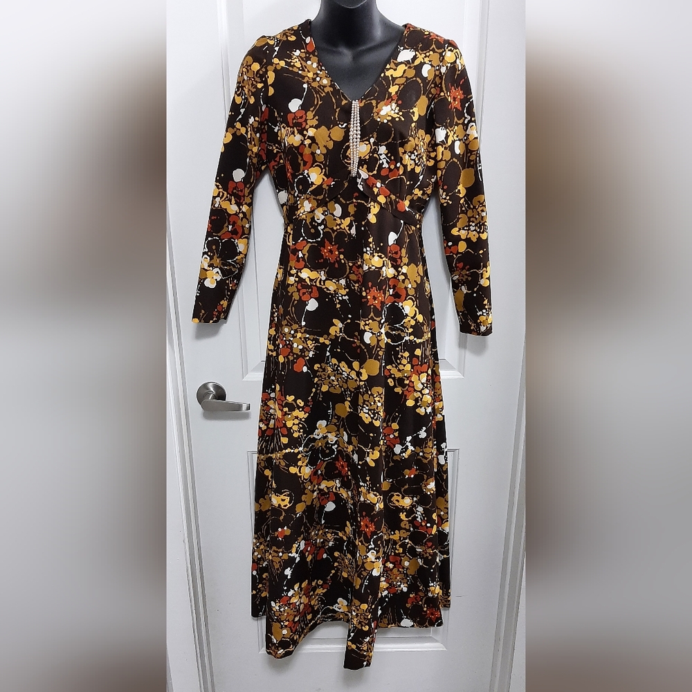 Vintage Handmade 70's Polyester Long Dress Long Sleeve Brown Floral Retro